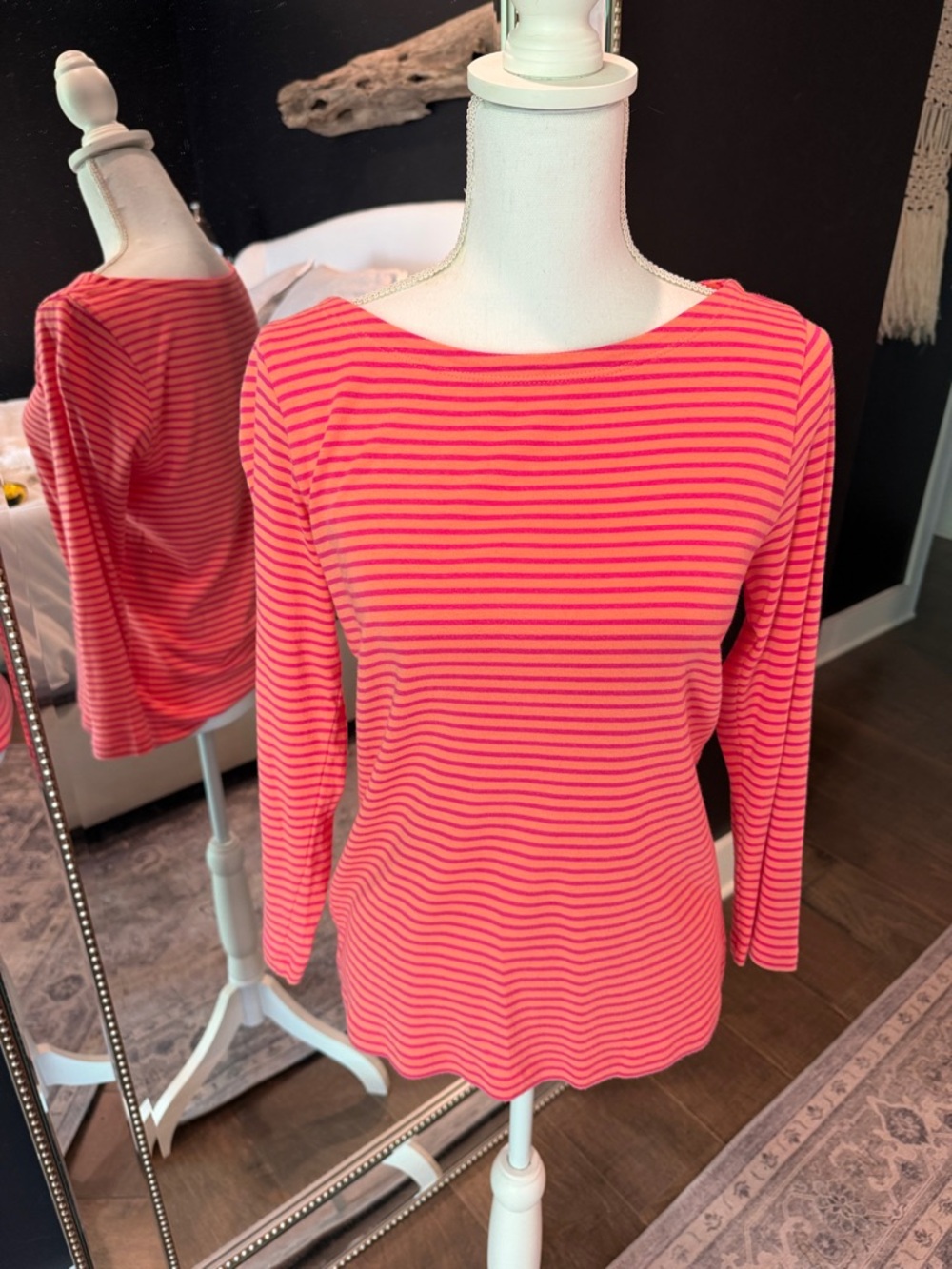 Boatneck Long Sleeve Stripe Top in Coral Pink